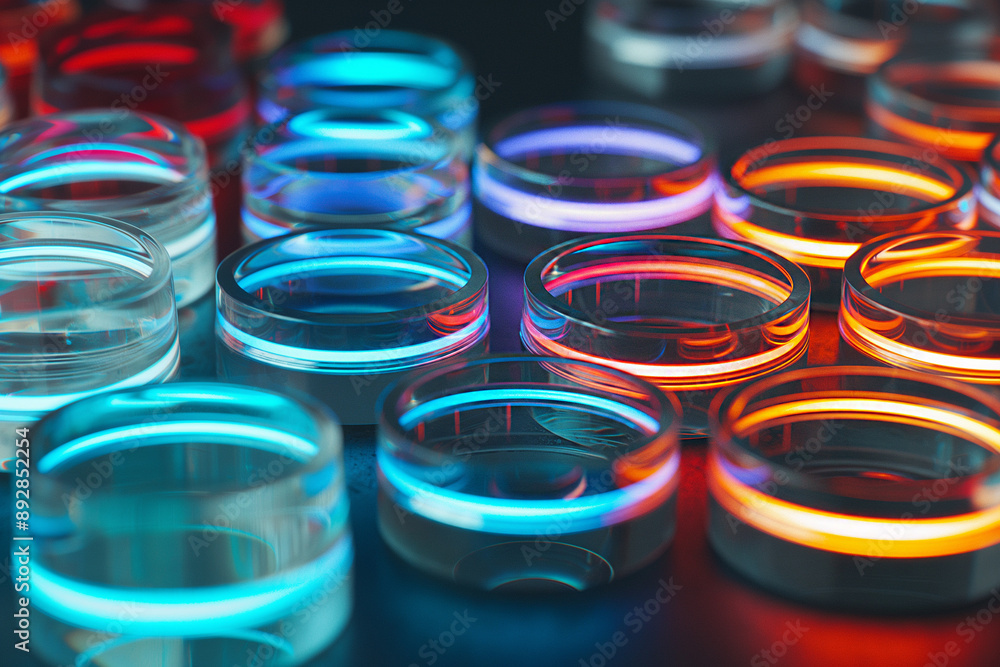 Colorful Neon Petri Dishes on Dark Background in Laboratory Setting. Colorful Neon Petri Dishes on Dark Background in Laboratory Setting.