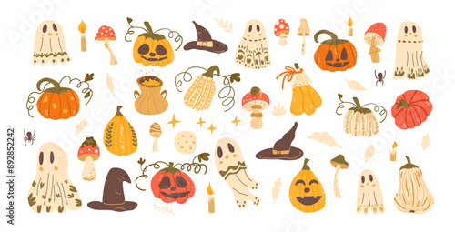 Halloween elements set. Pumpkins, holiday ghosts, witch hats and others kit. Collection of autumn festive. Candles, mushrooms and spider All Hallows' Eve. Vector illustration on white background