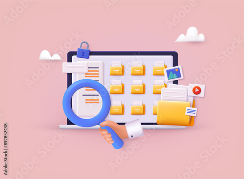 File manager, electronic document storage, document synchronisation. 3D Web Vector Illustrations.