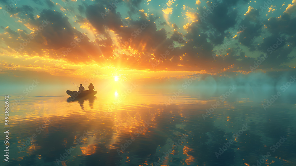 Two individuals sail on a boat as the sun sets, creating a romantic atmosphere for their evening voyage. Adventure, beauty, and tranquility surround them under the twilight sky Two individuals sail on a boat as the sun sets, creating a romantic atmosphere for their evening voyage. Adventure, beauty, and tranquility surround them under the twilight sky