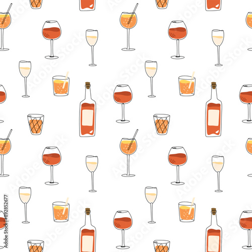 Vector hand painted trendy aperitif alcohol beverage wine prosecco Spritz cocktail drinks illustration. Cute flat simple hand drawn seamless pattern wallpaper background wrapping paper design