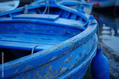 Closeup of a peeling blue paint on an old wooden fishing boat photo