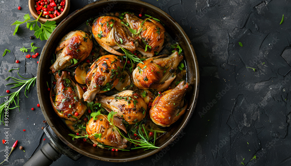 Baked quails in pan on a dark background Baked quails in pan on a dark background