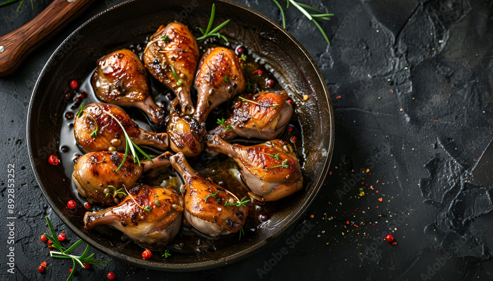 Baked quails in pan on a dark background Baked quails in pan on a dark background