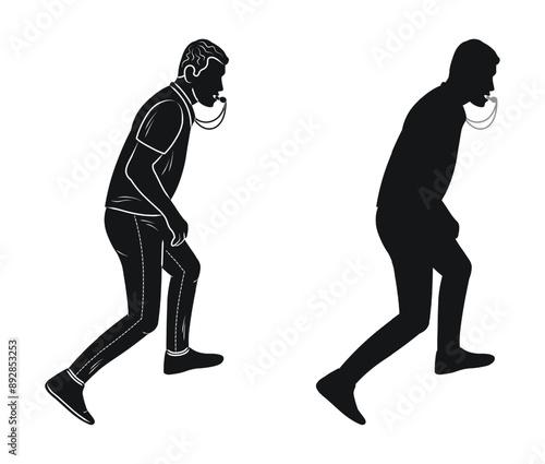 Referees during the game, blowing the whistle, sketch silhouette