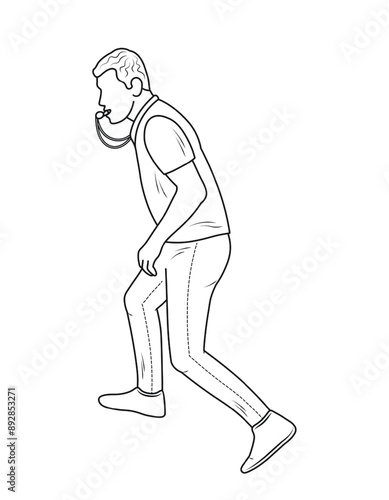 Sport silhouette, referee during the game, blowing the whistle, sketch