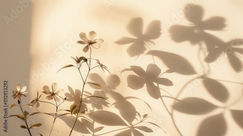 Aesthetic floral shadow silhouettes on neutral beige wall