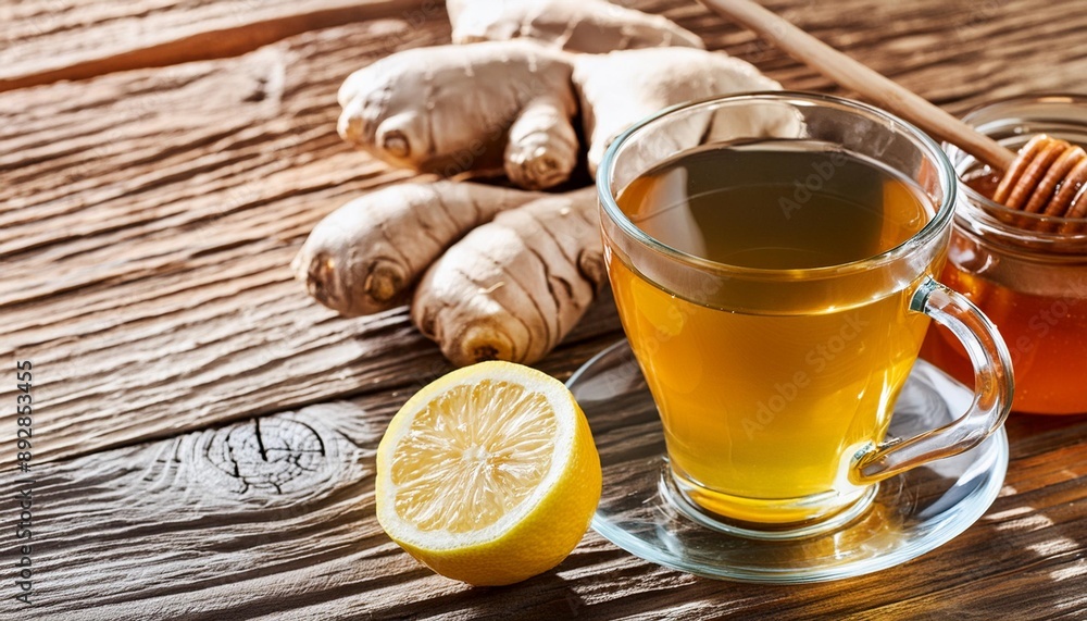 Cup of ginger tea with honey and lemon on wooden table Cup of ginger tea with honey and lemon on wooden table