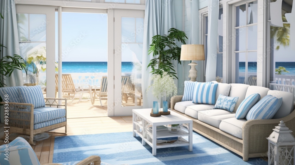 A beachfront guest house with a light, airy interior, nautical-themed decor, and a sunroom overlooking the ocean. A beachfront guest house with a light, airy interior, nautical-themed decor, and a sunroom overlooking the ocean.