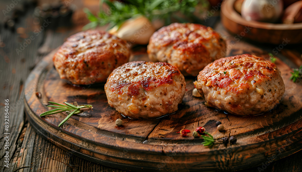 Juicy delicious meat cutlets on a wooden table in a rustic style Juicy delicious meat cutlets on a wooden table in a rustic style
