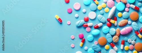 A closeup of colorful pills and capsules scattered on a blue background