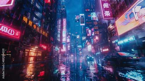 Cyberpunk cityscape with holographic billboards  photo