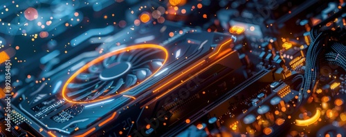 Glowing Computer Graphics Card With Blue Circuit Board And Bright Orange Fan photo