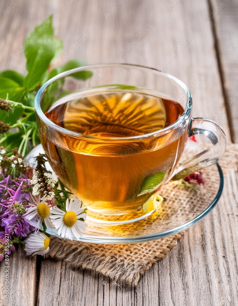 Cup of herbal tea with wild flowers and various herbs Cup of herbal tea with wild flowers and various herbs