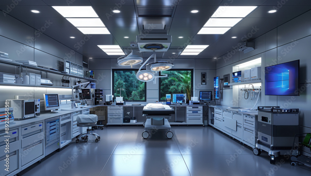 A sterile, empty surgical operating room with medical equipment and supplies prepared for a procedure
A sterile, empty surgical operating room with medical equipment and supplies prepared for a procedure
