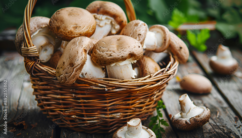 Mushrooms in basket, rustic wood background Mushrooms in basket, rustic wood background