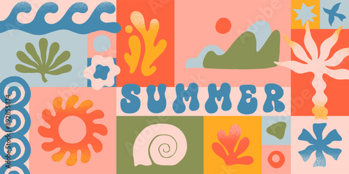 Vector summer illustration with nature organic shapes,doodles.Groovy boho palm,beach,surf,waves,sun,seashells graphic symbols and elements.Summer vacation background in simple funny style.