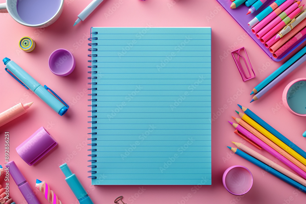 vector of a blank notebook surrounded by school supplies on a pastel background in a flat lay with copy space for text and illustrations. vector of a blank notebook surrounded by school supplies on a pastel background in a flat lay with copy space for text and illustrations.