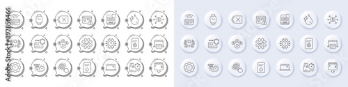 Laptop, Calendar and Question mark line icons. White pin 3d buttons, chat bubbles icons. Pack of Smartwatch, Delivery time, Cogwheel settings icon. Vector