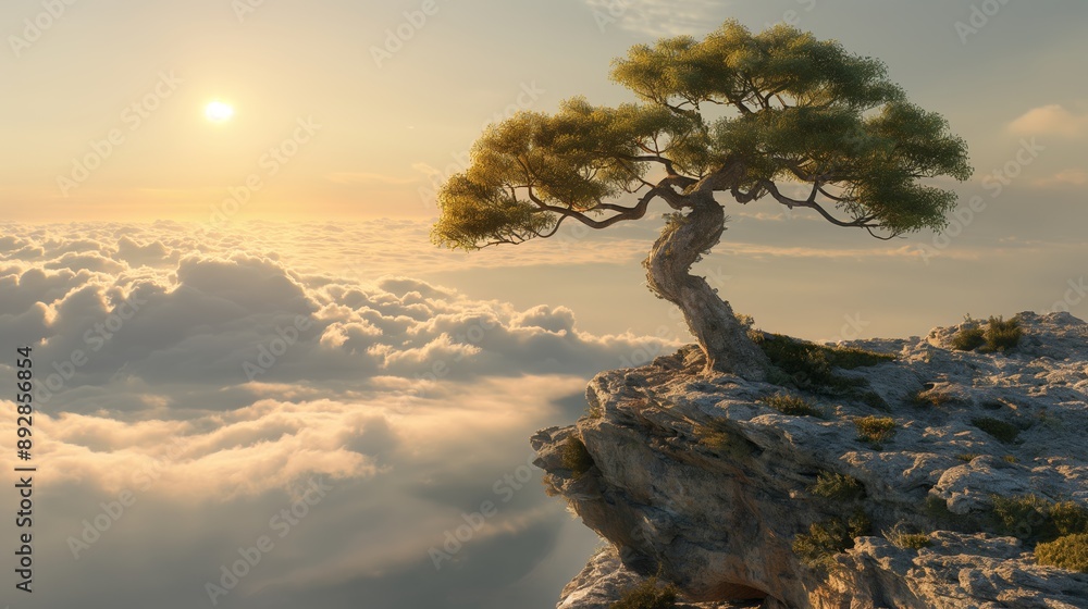 A lone tree on a rocky cliff above the clouds at sunset A lone tree on a rocky cliff above the clouds at sunset