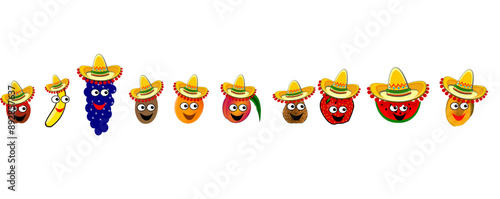 Funny cartoon fruits with faces and sombreros. For funny fruits presentation.