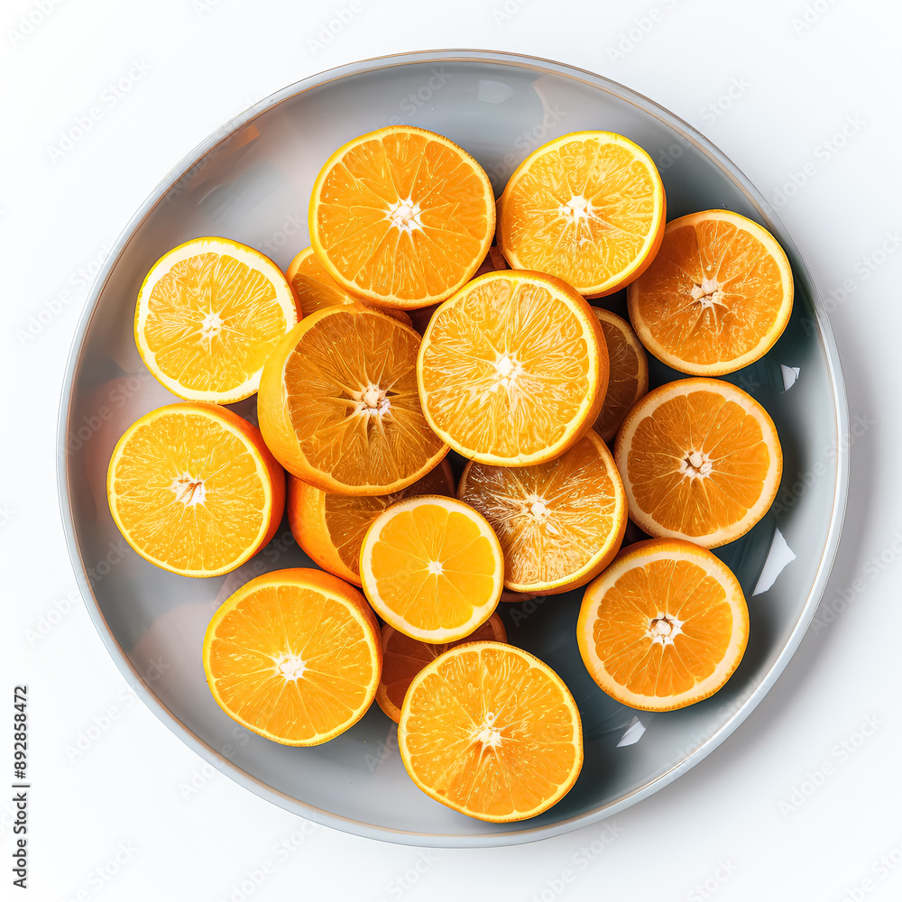 A plate of oranges with some of them cut in half. A plate of oranges with some of them cut in half.