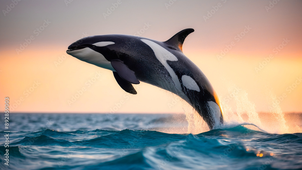 Fototapeta premium Bigg's orca, killer whale jumping out of the sea in a sunset lights. AI Generated