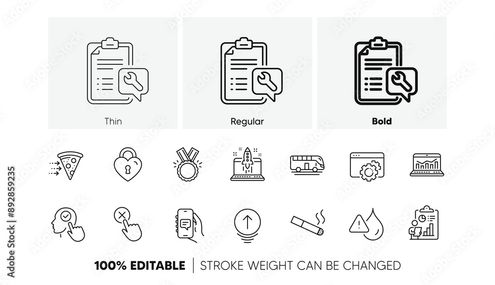 Report, Smoking and Seo gear line icons. Pack of Food delivery, Chat app, Honor icon. Reject click, Start business, Web analytics pictogram. Waterproof, Love lock, Bus tour. Spanner. Vector Report, Smoking and Seo gear line icons. Pack of Food delivery, Chat app, Honor icon. Reject click, Start business, Web analytics pictogram. Waterproof, Love lock, Bus tour. Spanner. Vector