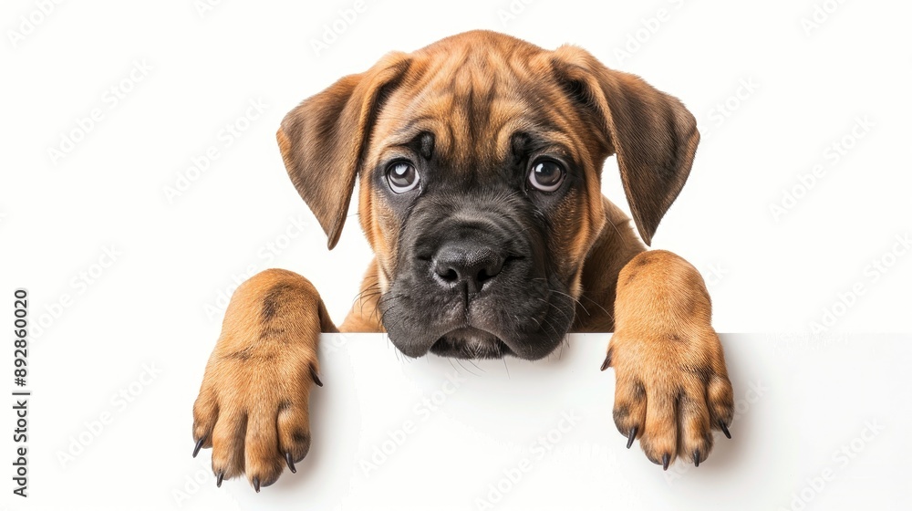 Obraz premium Mastiff puppy cleaning up empty banner and placard white background
