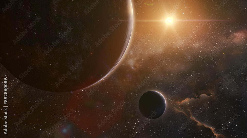 Obraz premium A telescope's view of a distant exoplanet orbiting a star, with faint nebulae in the background