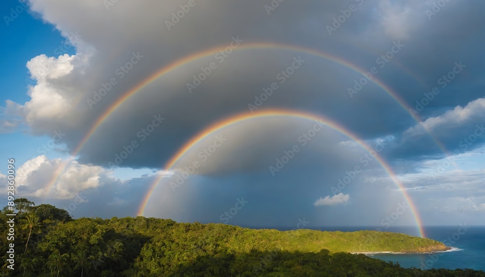 Naklejka premium rainbow over tropical islands, cloudly blue sky