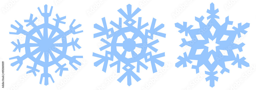 Three snowflakes are shown in blue. The snowflakes are all different sizes and shapes Three snowflakes are shown in blue. The snowflakes are all different sizes and shapes
