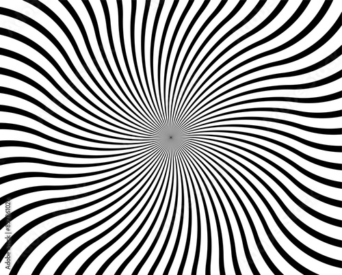 Black and white hypnotic spiral wave rays background. Psychedelic sunburst retro design.
