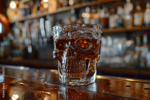 Ornate skullshaped glass sits empty on a wooden bar, with bottles in the background photo