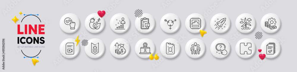 Handout, Puzzle and Checkbox line icons. White buttons 3d icons. Pack of Inflation, Stats, Group icon. Question button, Windmill, Startup rocket pictogram. Vector Handout, Puzzle and Checkbox line icons. White buttons 3d icons. Pack of Inflation, Stats, Group icon. Question button, Windmill, Startup rocket pictogram. Vector