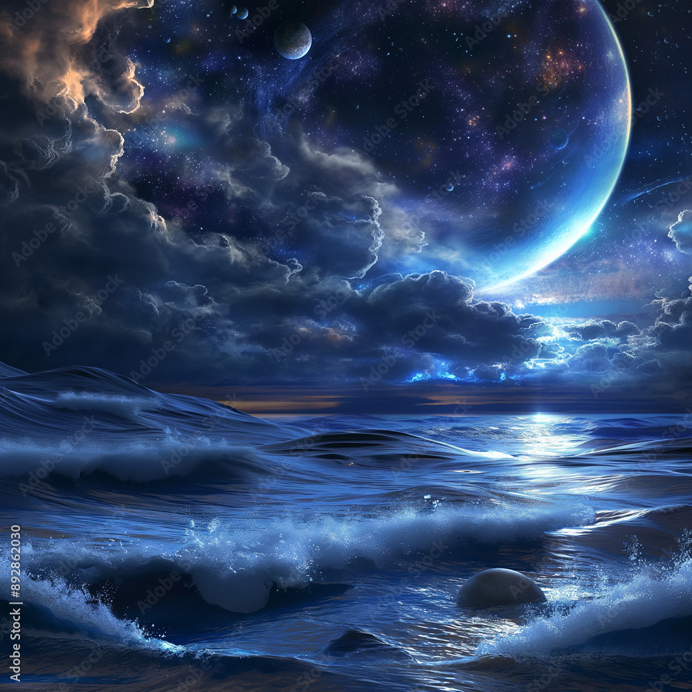 Stunning science fiction wallpaper featuring water waves, clouds, night sky, universe, galaxy, planets, and celestial elements, creating a mesmerizing cosmic landscape Stunning science fiction wallpaper featuring water waves, clouds, night sky, universe, galaxy, planets, and celestial elements, creating a mesmerizing cosmic landscape