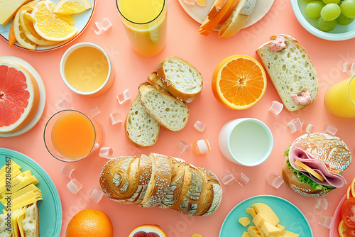 Bright and Colorful Breakfast Spread with Fresh Fruits, Bread, and Juices.