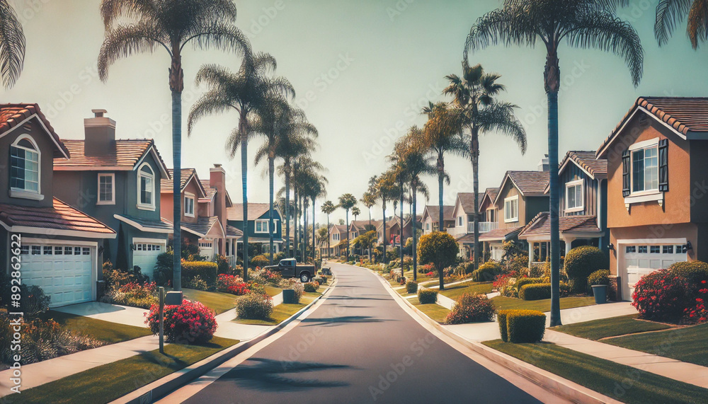 Palm-lined suburban street with charming houses. Palm-lined suburban street with charming houses.
