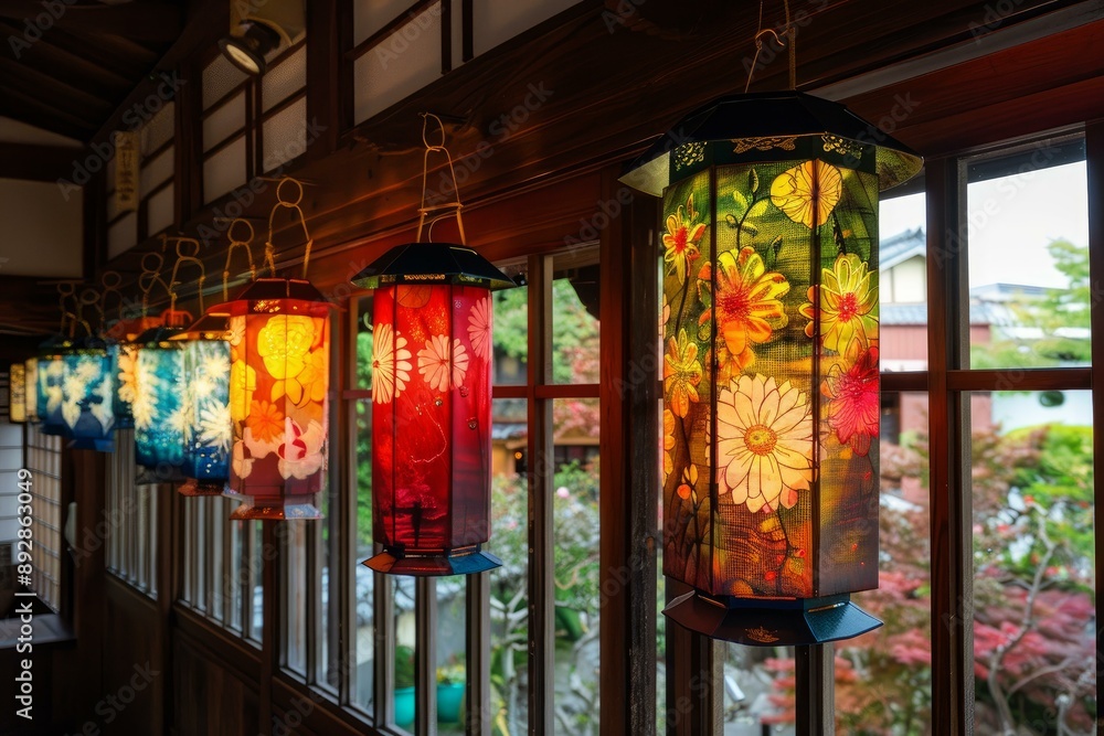Obraz premium Vibrant and colorful traditional japanese lanterns illuminating a cozy and calm interior setting with a warm glow. Handcrafted from wood in artistic designs