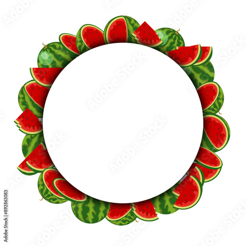 watermelon frame, a lot of ripe watermelon are arranged in a round frame. Painted juicy sweet red fruits whole and in pieces in cartoon style. with a white empty circle. vector illustration