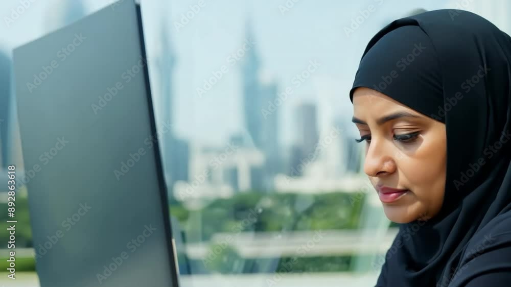 A modern office including a computer being used by a Saudi woman donning a black hijab A modern office including a computer being used by a Saudi woman donning a black hijab