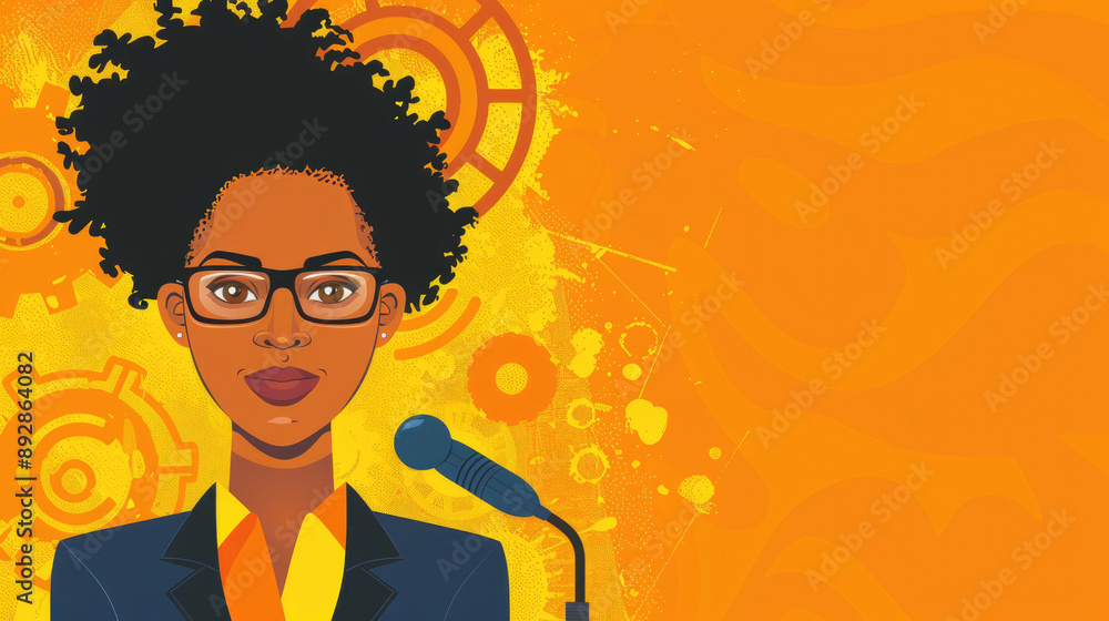 A young woman with an afro speaks into a microphone in front of an orange background A young woman with an afro speaks into a microphone in front of an orange background