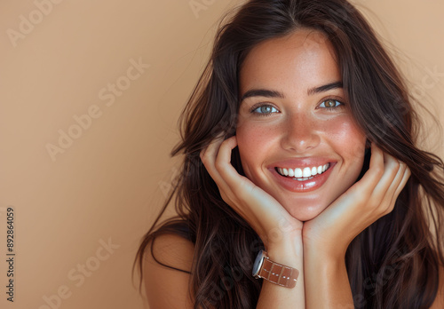 Woman Smiling With Hands on Chin