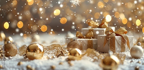 Gold Christmas Ornaments and Gifts in Snow