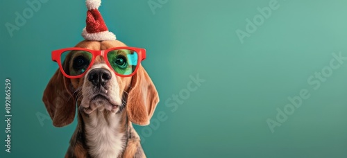 Beagle Wearing Christmas Hat and Glasses