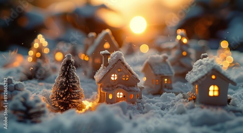 Miniature Village in Snowy Landscape at Sunset