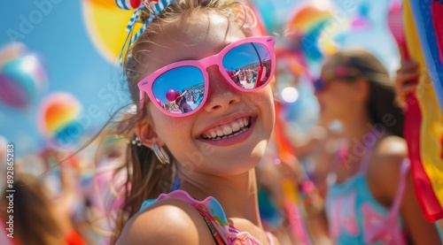 Girl Smiling in Pink Sunglasses at Summer Festival