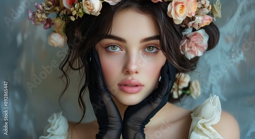 Woman Wearing Flower Crown and Gloves