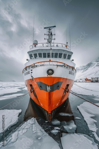Orange Ship Docked in Antarctica