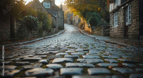 Cobblestone Street in European Town at Sunset